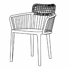 Zeichnung eines modernen Holz- und Drahtgeflechtstuhls mit Armlehnen